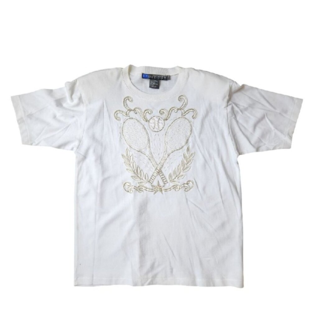 Vintage IB Diffusion Tennis Theme Tee White Embroidered Beaded Shirt Medium 90s
